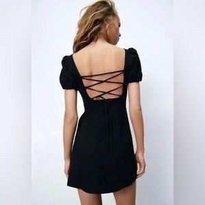 ZARA Linen Blend Puff Sleeve Tie Open Back Mini Dress Black Small S 7385/096